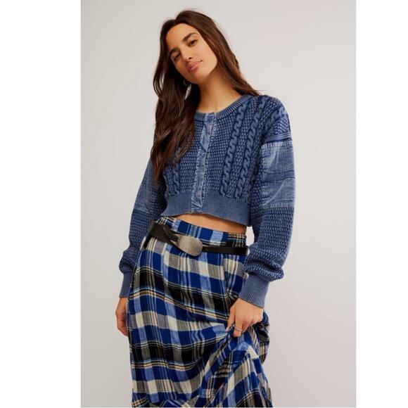 Free People Patchwork Chunky Cable Knit Heritage Cardi Cardigan Sweater Size XL - Picture 13 of 14